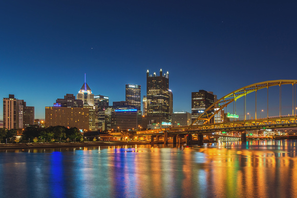 Pittsburghs skyline from the South Shore before dawn
