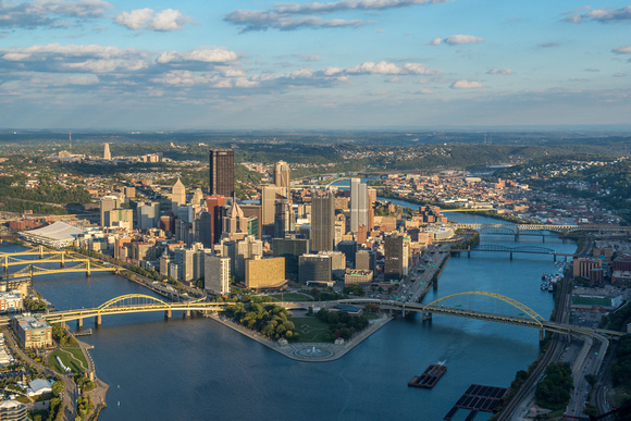 Close up aerial view of the Pittsburgh skyline