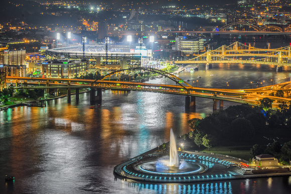 The fountain at Point State Park in Pittsburgh and PNC Park from Mt. Washington
