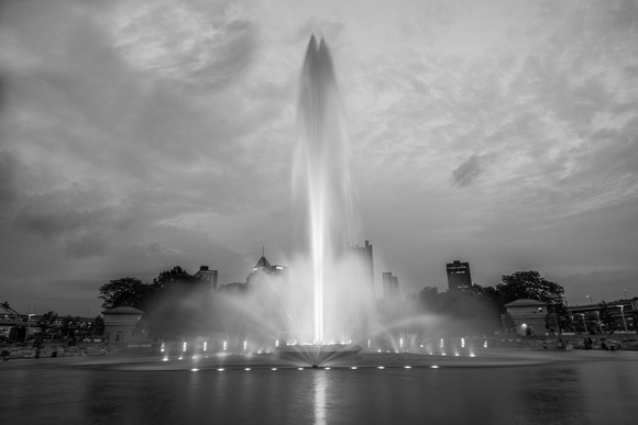 A black and white view of the fountain at Point State Park in Pittsburgh