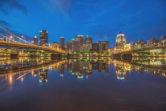 Reflections of the Pittsburgh skyline in the morning from the North Shore