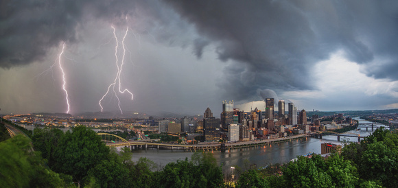 Lightning strikes over the Pittsburgh skyline during a spring thunderstorm