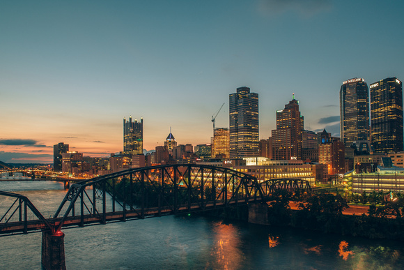 Pittsburgh skyline at dusk from the Liberty Bridge