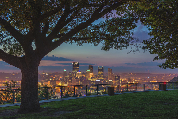 Pittsburgh skyline through the trees on the West End Overlook