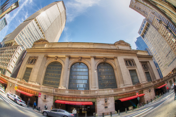 A fisheye view of the outside of Grand Central Station