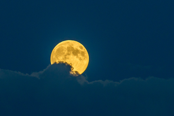 An orange supermoon moves from behind the clouds