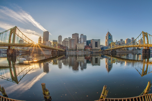 Fisheye view of the Pittsburgh skyline from the North Shore in the morning HDR