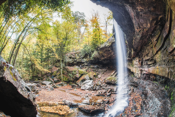 The corner of Cucumber Falls at Ohiopyle State Park through a fisheye lens HDR