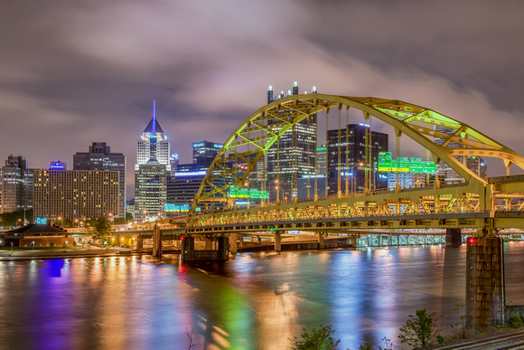 Pittsburgh skyline through the Ft. Pitt Bridge in the morning