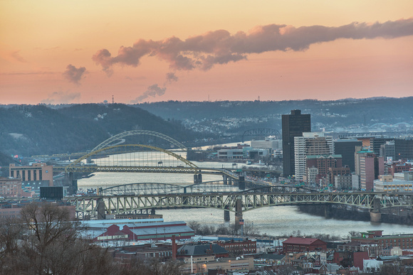Bridges over the Monongahela River in Pittsburgh at dusk