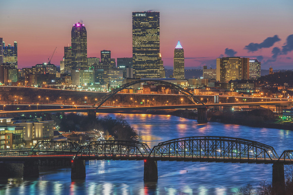 A close up view of the Pittsburgh skyline from Greenfield at dusk