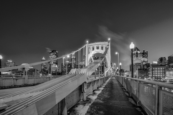 Clemente Bridge wide angle at night B&W