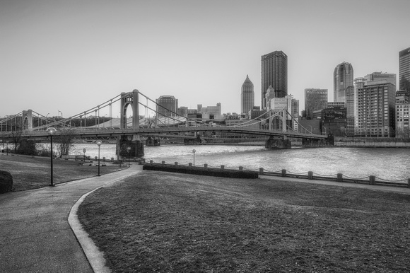 A view of the walkway on the North Shore of Pittsburgh B&W