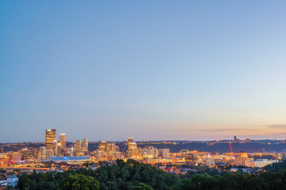 A wide angle view of Pittsburgh from the North Side at dusk