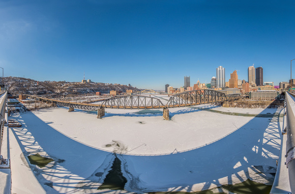 Panorama of the ice covered Monongahela River from the Liberty Bridge