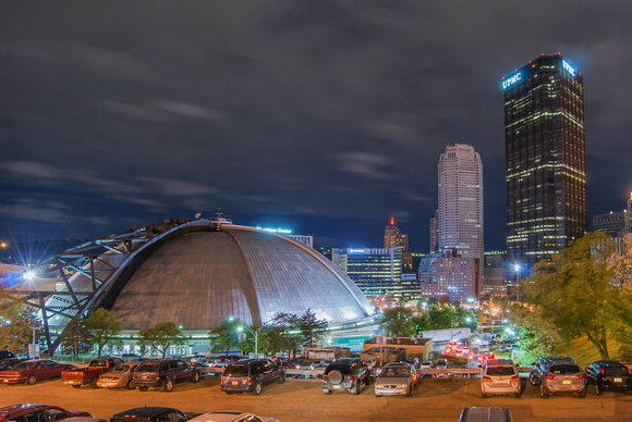 Civic Arena and Pittsburgh skyline at night