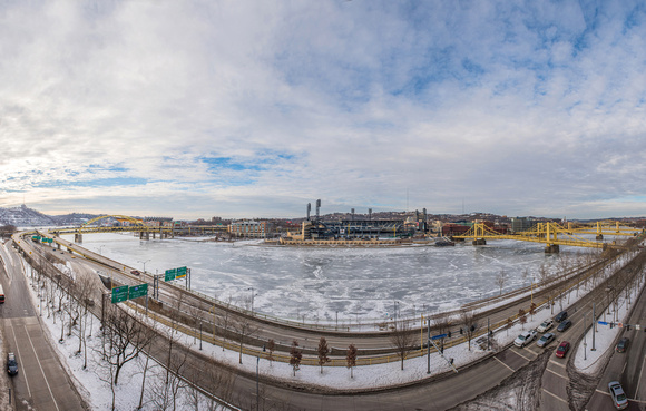 Panoramic view of the frozen icy Allegheny in Pittsburgh and PNC Park