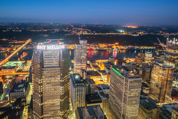 View of downtown Pittsburgh before dawn looking south