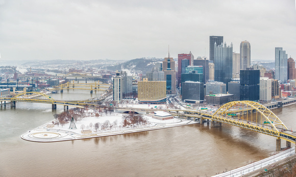 A snowy panorama of Pittsburgh from the Duquesne Incline Station