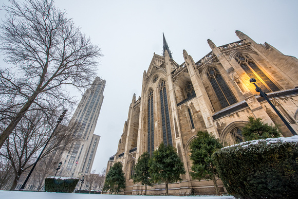 Heinz Chapel and the Cathedral of Learning in the snow