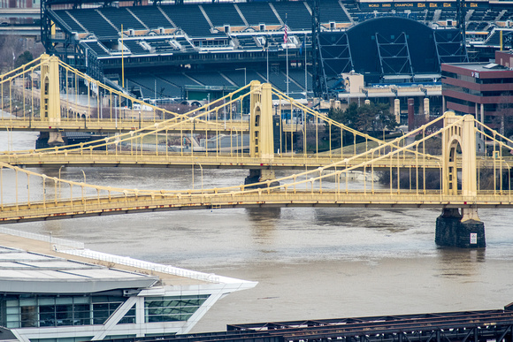 The Sister Bridges stand in a line in Pittsburgh