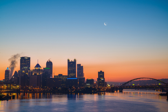 Moon over the Pittsburgh skyline before sunrise HDR