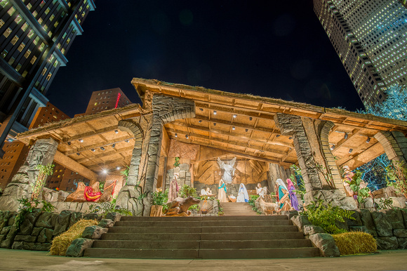 A view of the Creche in front of the Steel Building in Pittsburgh at Christmas