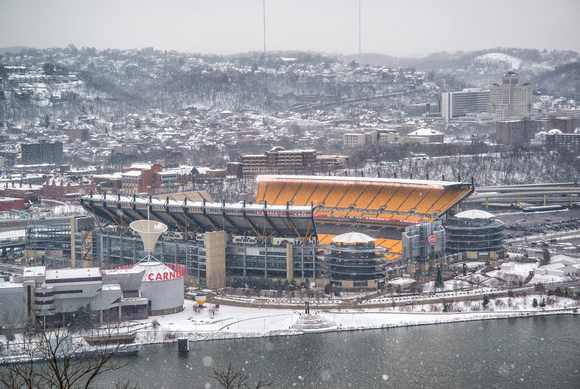 Heinz Field is covered in snow in Pittsburgh