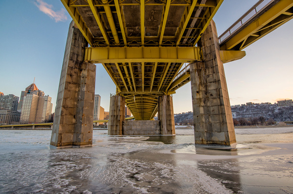 Underneath the Ft. Duquesne Bridge in Pittsburgh in the winter