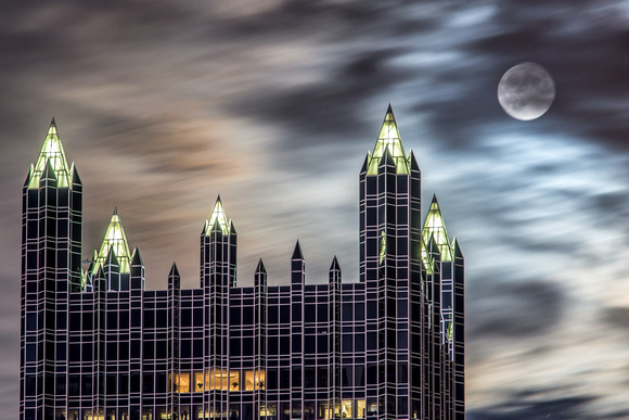 Long exposure of the supermoon over PPG Place in Pittsburgh