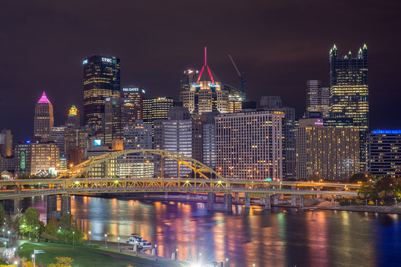 Close up of the Pittsburgh skyline at night from the roof of Heinz Field