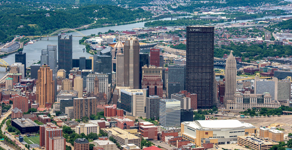 An aerial view of Pittsburgh that includes all professional sports stadiums