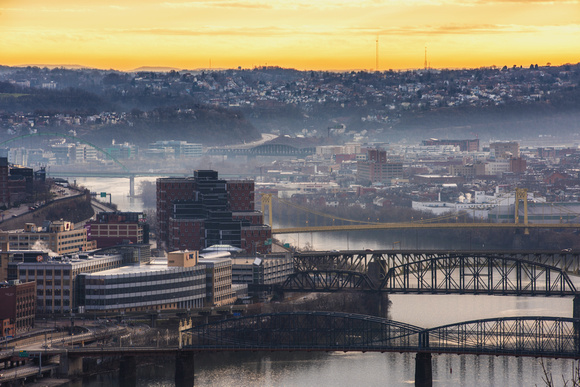 Fog on the Monongahela River at dawn in pittsburgh