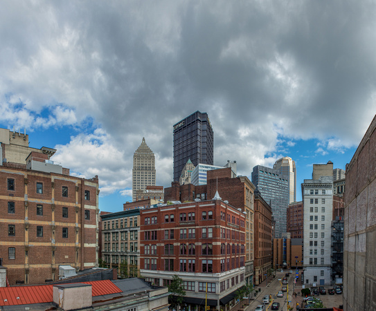 A panorama of downtown Pittsburgh on a sunny summer day