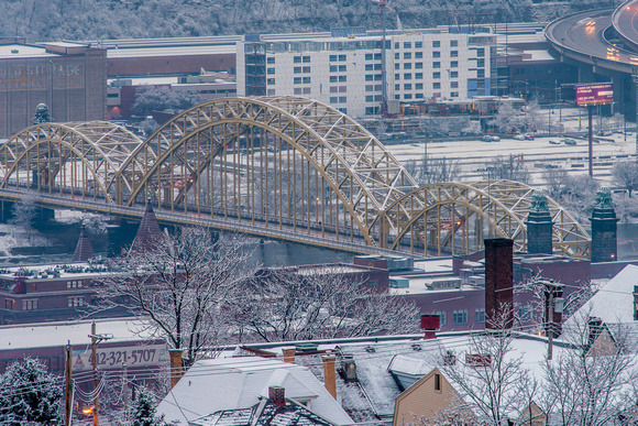 A snow covered 16th Street Bridge in Pittsburgh