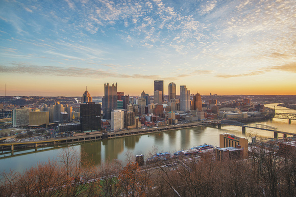 Wide angle Pittsburgh sunrise as seen from Mt. Washington