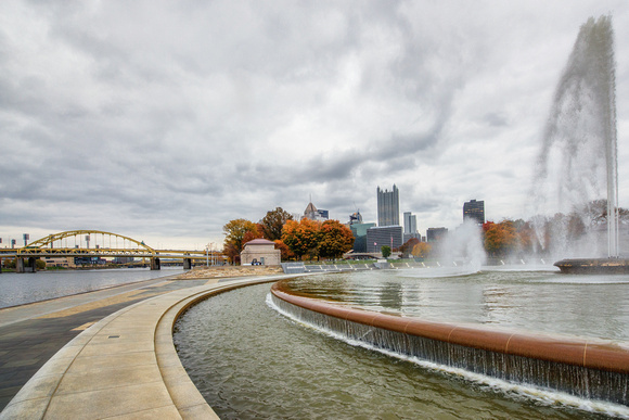 Looking up the Allegheny River in the fall in Pittsburgh