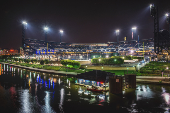 PNC Park lit up in the morning in Pittsburgh