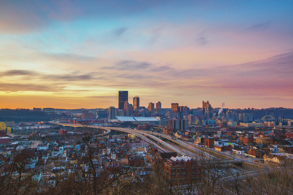 Colorful sky over the North Side of Pittsburgh