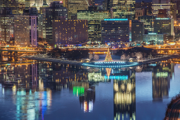 A colorful morning in Pittsburgh around Christmas from the West End Overlook