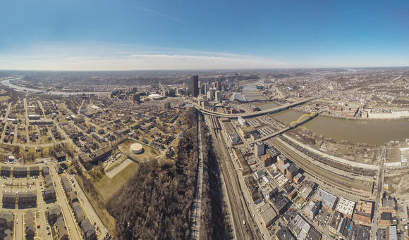 Aerial panorama from above the Strip District in Pittsburgh
