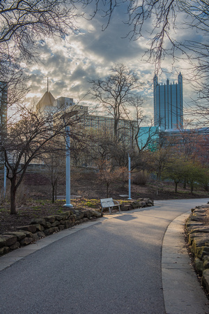 Beams of light enter Point State Park at dawn in Pittsburgh