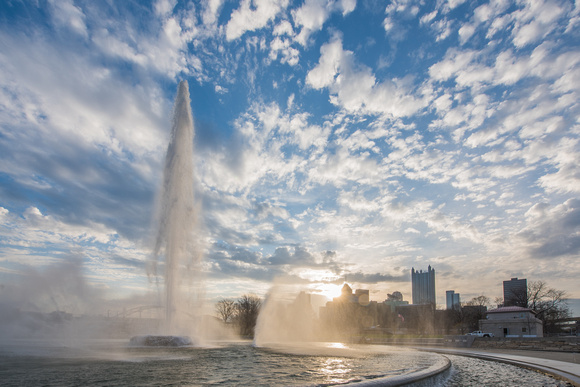 Beautiful light and clouds over Pittsburgh by the Point State Park fountain