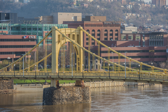 LIght on the Roberto Clemente Bridge in Pittsburgh at dawn