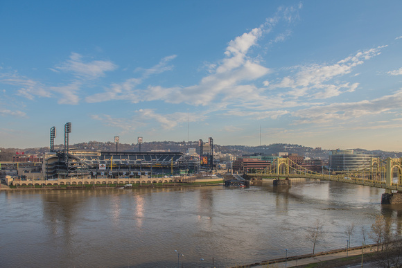 Looking down on PNC Park and the Roberto Clemente Bridge at sunrise