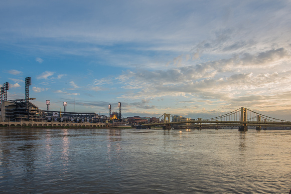 Looking up the Allegheny River in Pittsburgh and PNC Park at dawn on Opening Day 2015