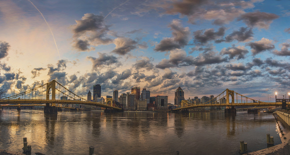 Panorama of a beautiful sunrise in Pittsburgh from the North Shore