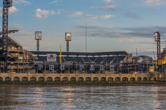 The first light of day hits PNC Park in Pittsburgh on Opening Day