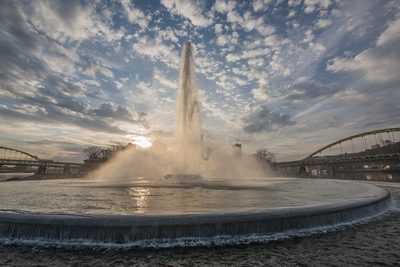 The Point State Park fountain rises into the morning sky