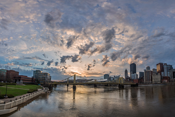 Panorama of a beautiful sunrise on the North Shore of Pittsburgh
